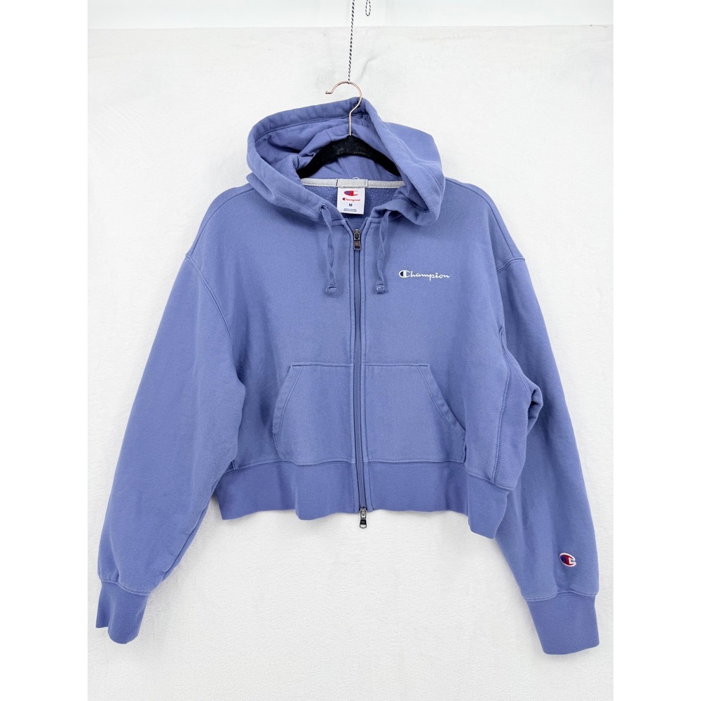 Champion Periwinkle Blue Full Zip Cropped Hoodie Sweatshirt M Preppy Y2K Comfy